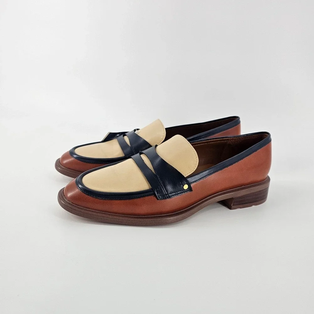 Franco Sarto Edith Penny Loafers Womens 10 Brown Navy Colorblock Preppy NWOB